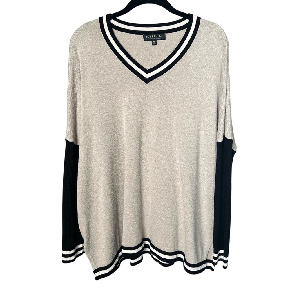 Joseph A Oversized Colorblock V Neck Sweater Beige Black Striped Knit - XL
